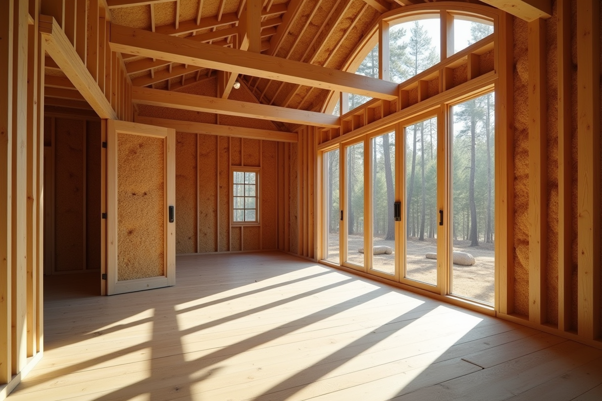 Maison écologique en construction avec cadre en bois et grandes fenêtres