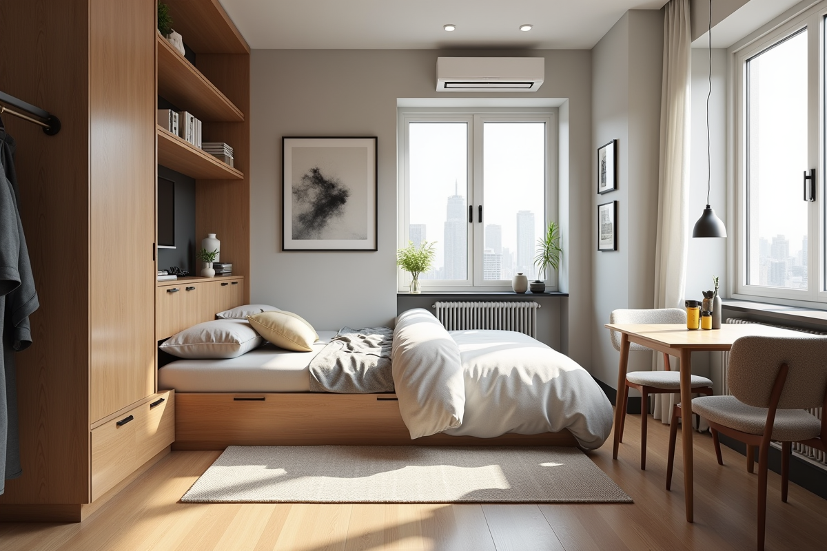 Studio urbain avec lit escamotable et mobilier gain de place