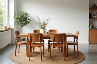 Table et chaises en teck massif dans une salle à manger scandinave avec parquet en béton et mur blanc