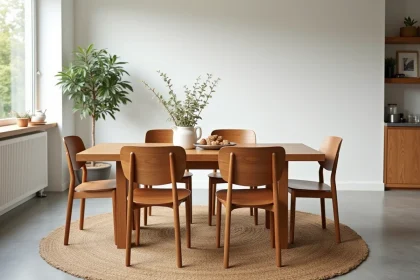 Table et chaises en teck massif dans une salle à manger scandinave avec parquet en béton et mur blanc