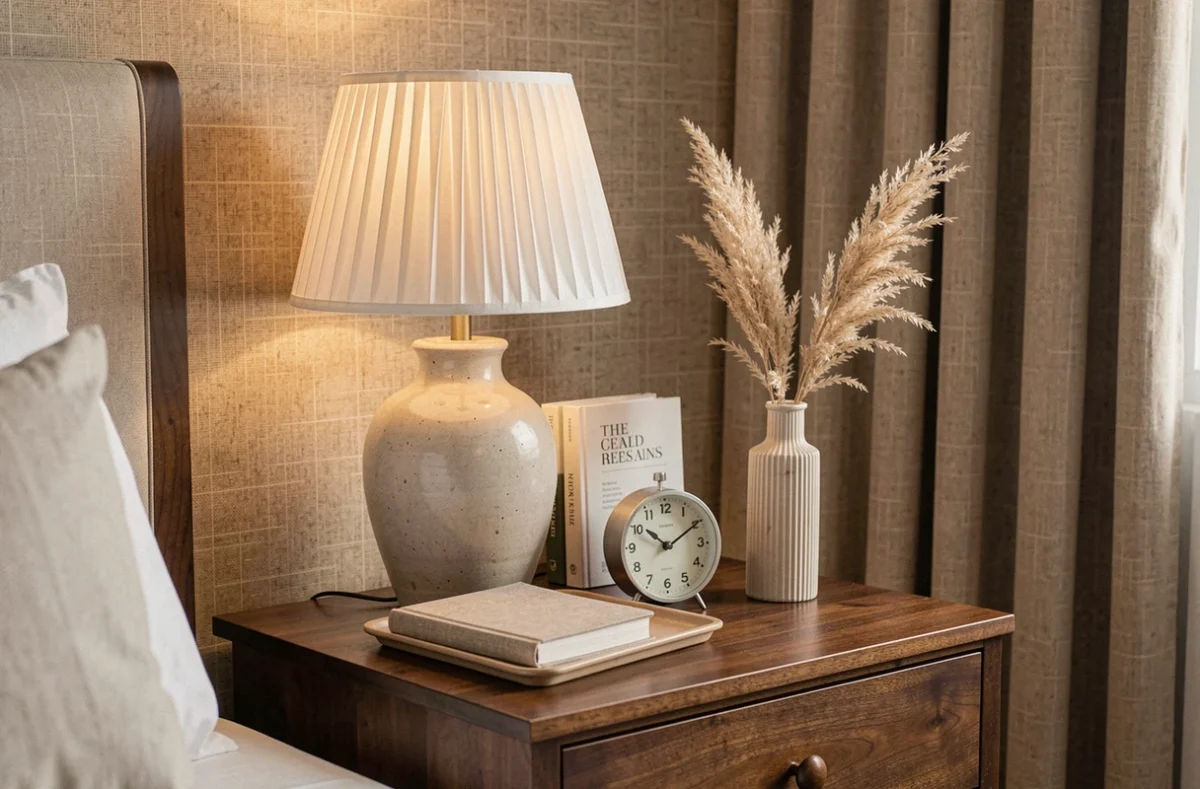 Détail de table de nuit de chambre style hôtel boutique avec lampe céramique, livres et vase avec herbe de pampa séchée