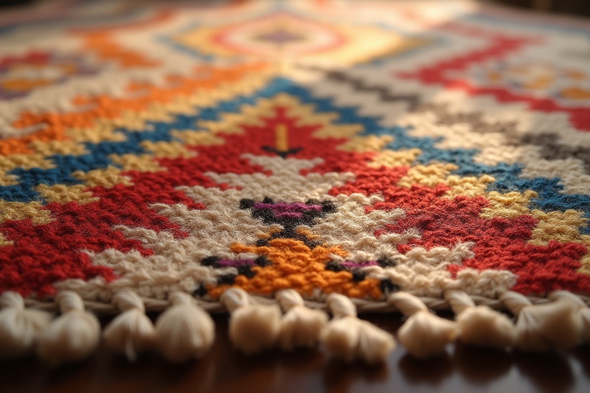 Zoom sur un tapis berbere aux motifs géométriques chaleureux