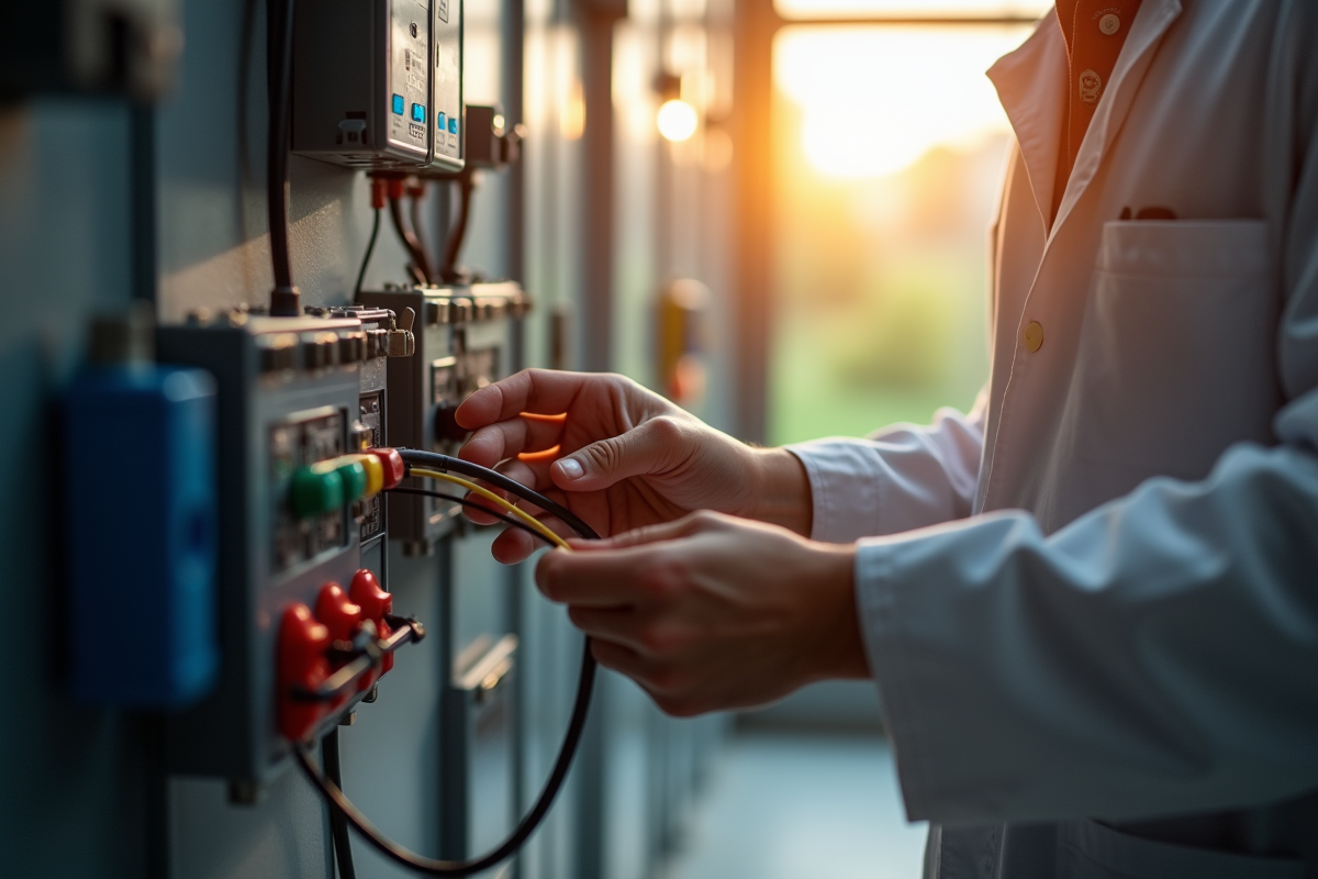 Technicien connectant batteries solaires dans une pièce lumineuse