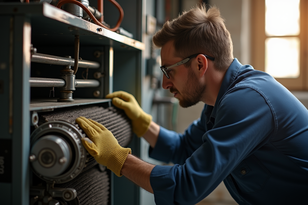 Technicien examinant un ancien chauffage résidentiel et retirant un échangeur de chaleur