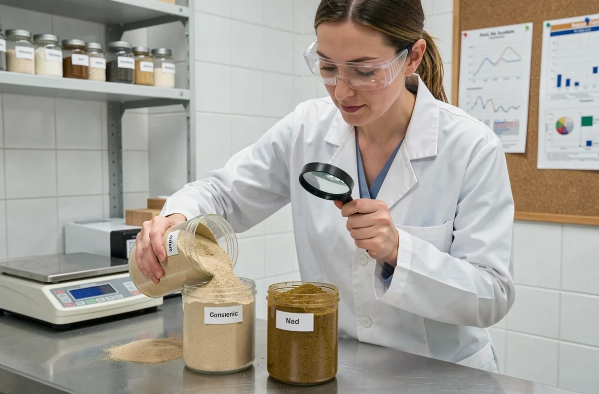 Technicienne de laboratoire comparant des échantillons de sable de différentes carrières pour analyser les variations de densité et de poids au m3