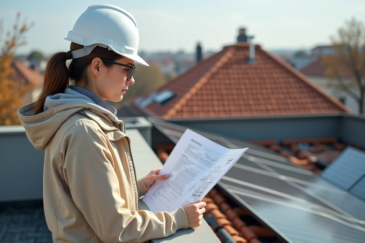 Femme technicienne supervisant l'installation de panneaux solaires sur un toit lors d'une rénovation énergétique
