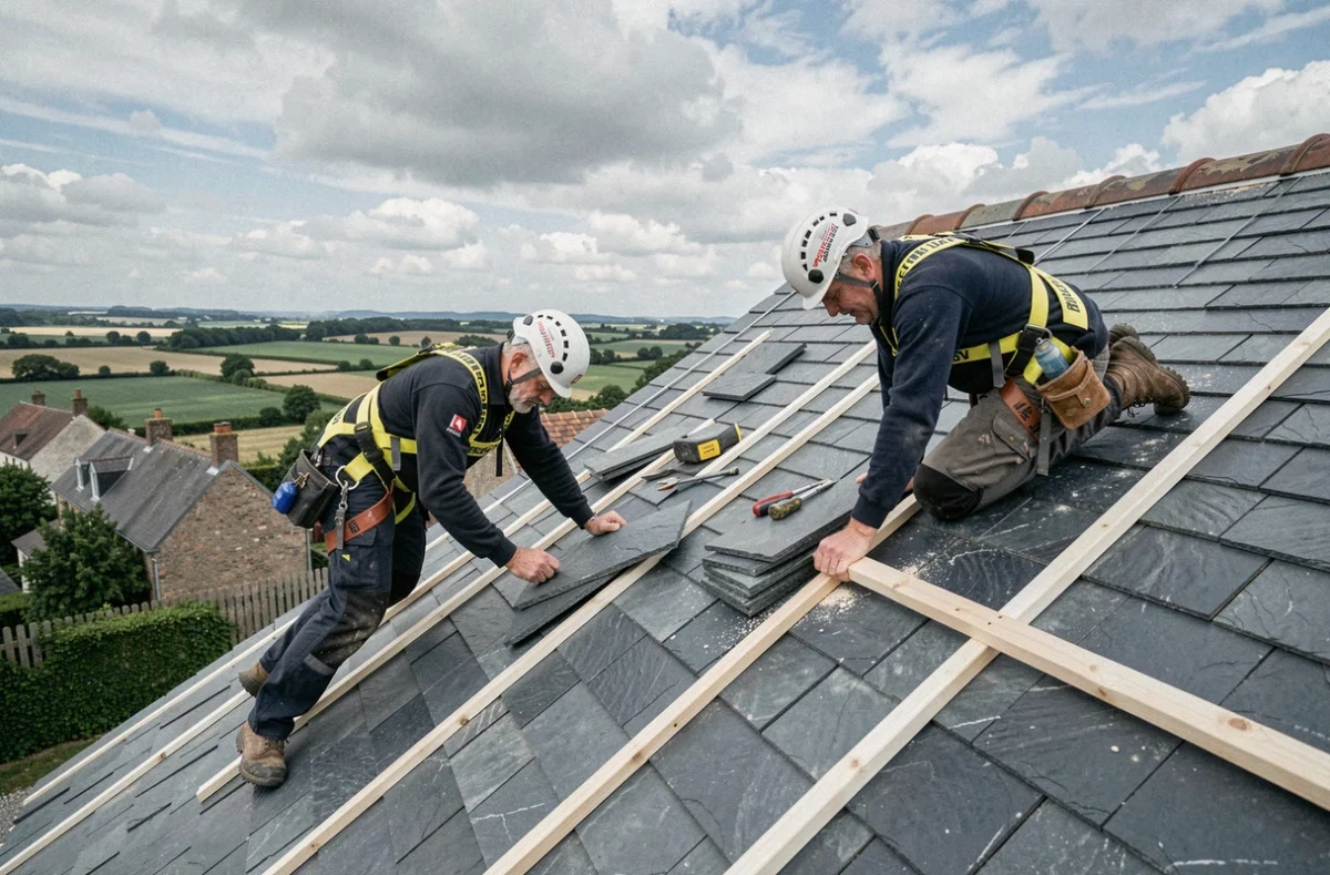 Couvreurs Technitoit posant des ardoises neuves sur le toit d'une maison normande avec vue sur la campagne de Seine-Maritime