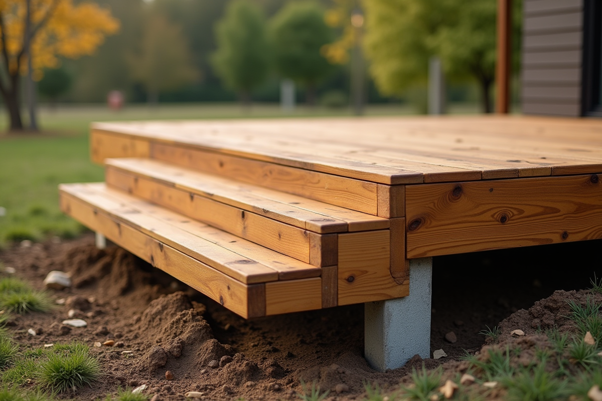 Terrasse en bois finie avec supports en béton et vue latérale