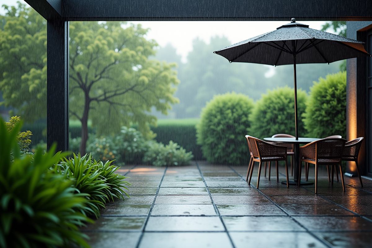 Terrasse moderne avec pergola sous la pluie légère