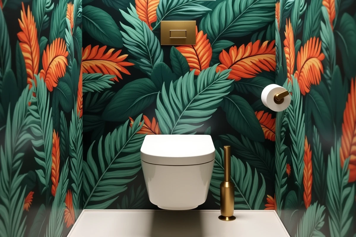 Toilette suspendue blanche avec papier peint panoramique botanique aux feuilles tropicales vertes et terracotta