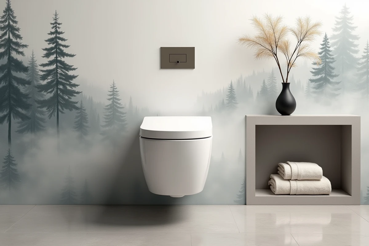 Toilette suspendue dans des WC de luxe avec papier peint panoramique forêt japonaise et niche en béton