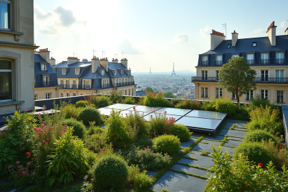 Toit végétal urbain avec panneaux solaires à Paris