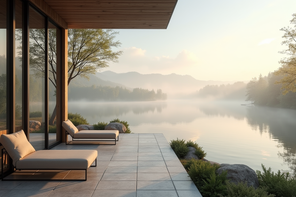 Tonnelle moderne sur un patio face au lac au matin