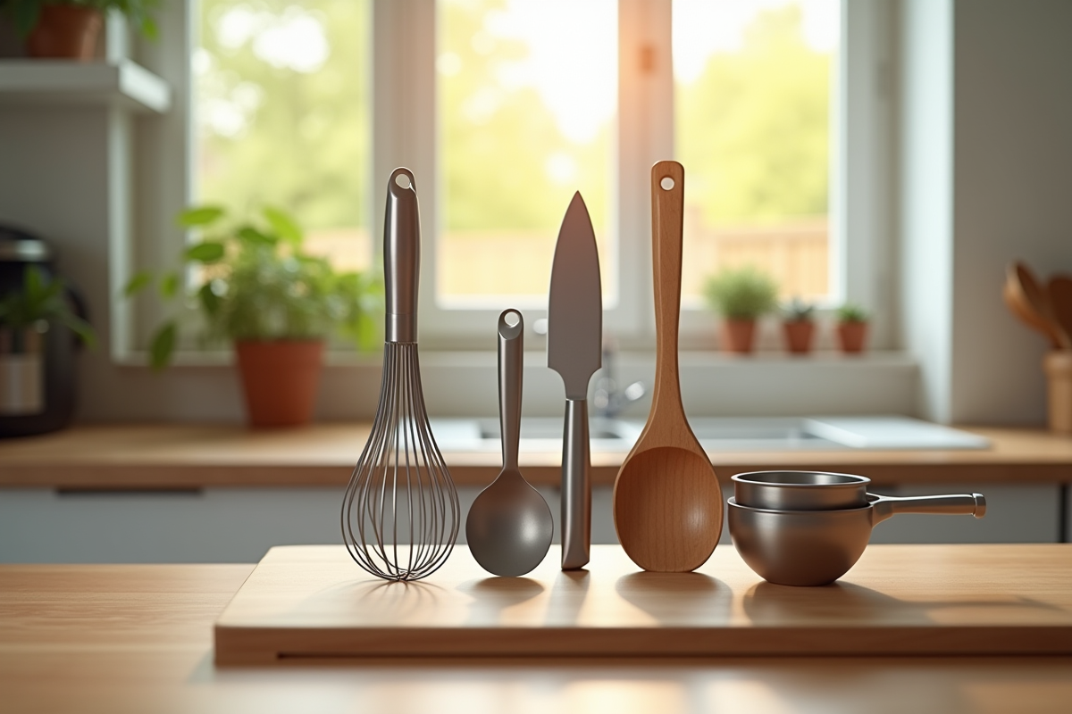 Sélection d'ustensiles de cuisine essentiels sur un plan de travail en bois