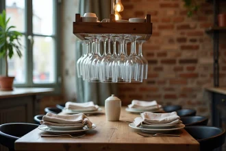 Table dressée dans un petit appartement avec verres suspendus à un rack en bois et disposition compacte des couverts