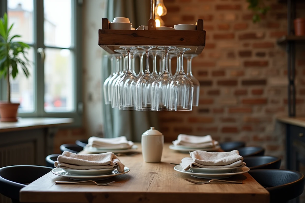 Table dressée dans un petit appartement avec verres suspendus à un rack en bois et disposition compacte des couverts