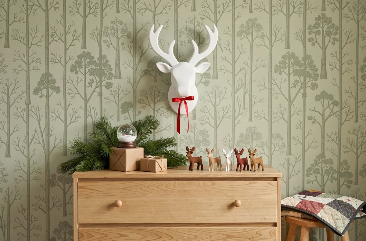 Vignette décorative de chambre d'enfant avec tête de renne en bois, branches de pin et ornements de Noël sur une commode