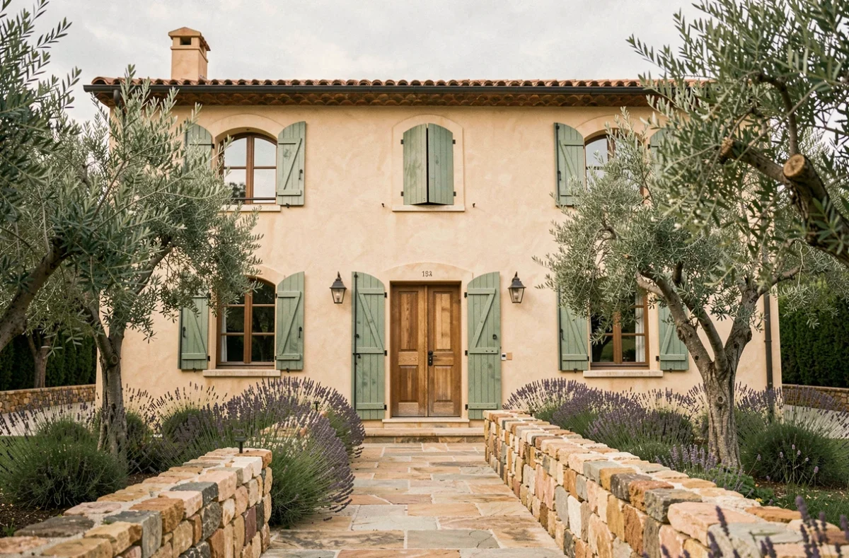 Façade d'une villa méditerranéenne avec jardin en pierre et volets en bois, illustrant la définition d'une villa en immobilier