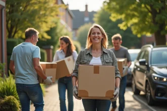 Groupe de volontaires aidant une maison en extérieur