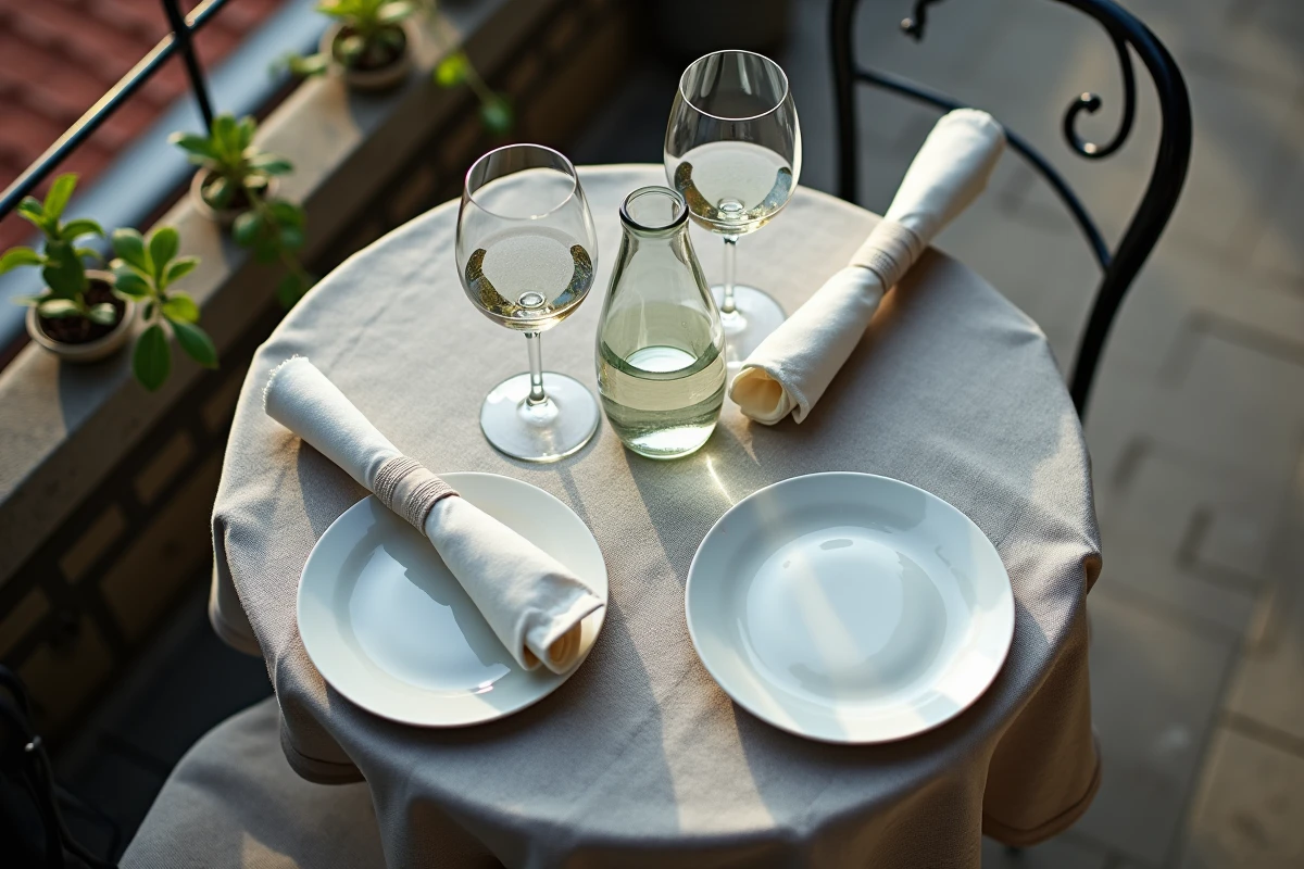 Vue de dessus d'une petite table de balcon urbain avec verres disposés en diagonale pour gagner de la place