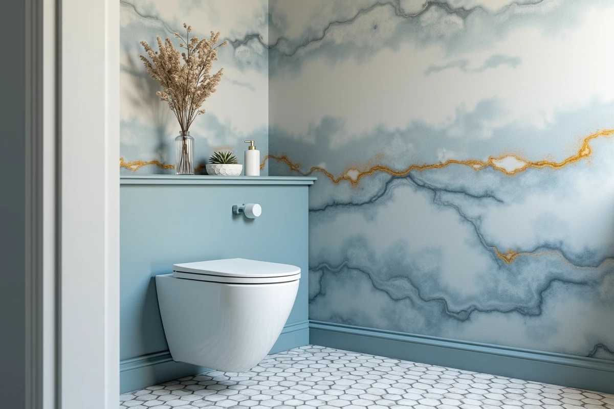 WC suspendu avec papier peint panoramique effet marbre bleu gris et accessoires scandinaves