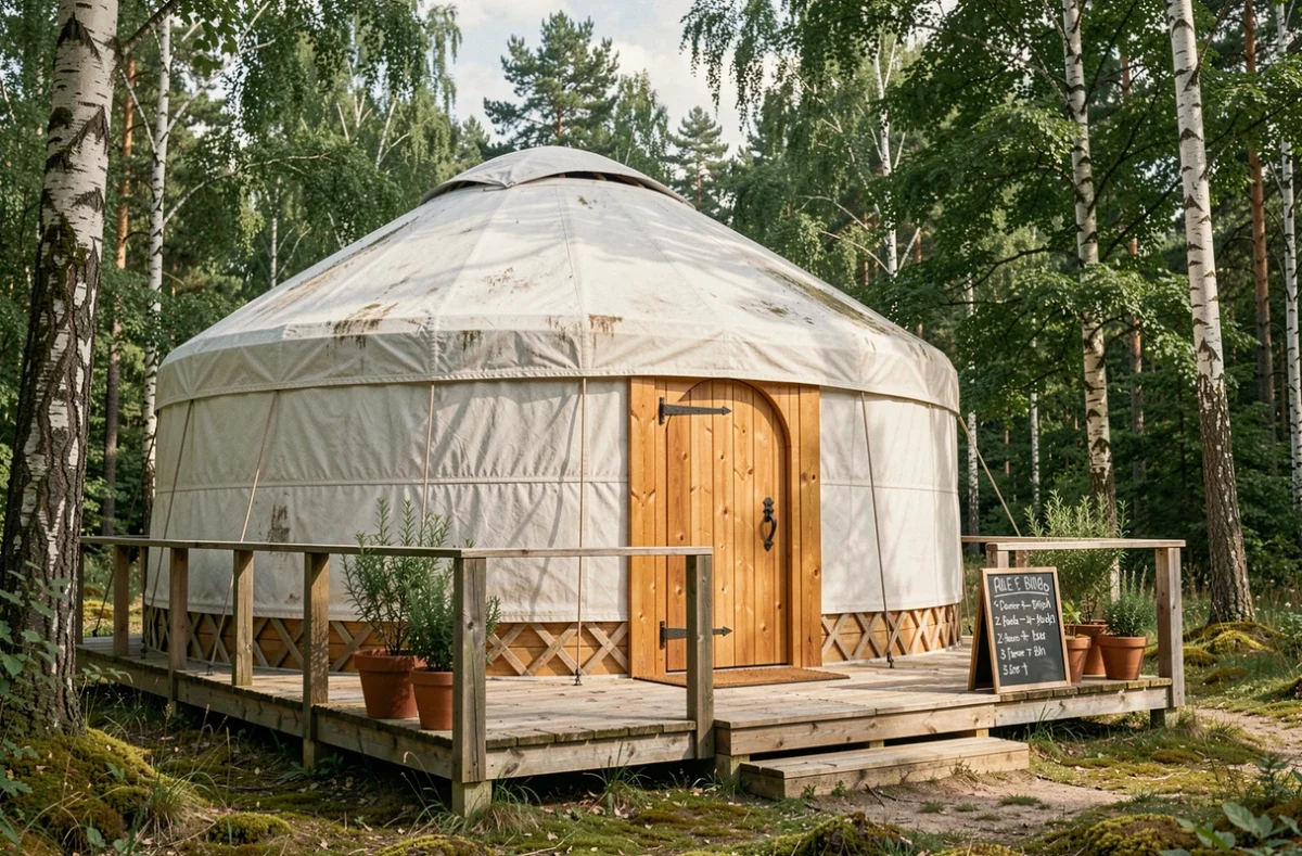 Yourte en bois sur plateforme bois en clairière forestière avec porte en bois arquée et panneau d'informations budgétaires
